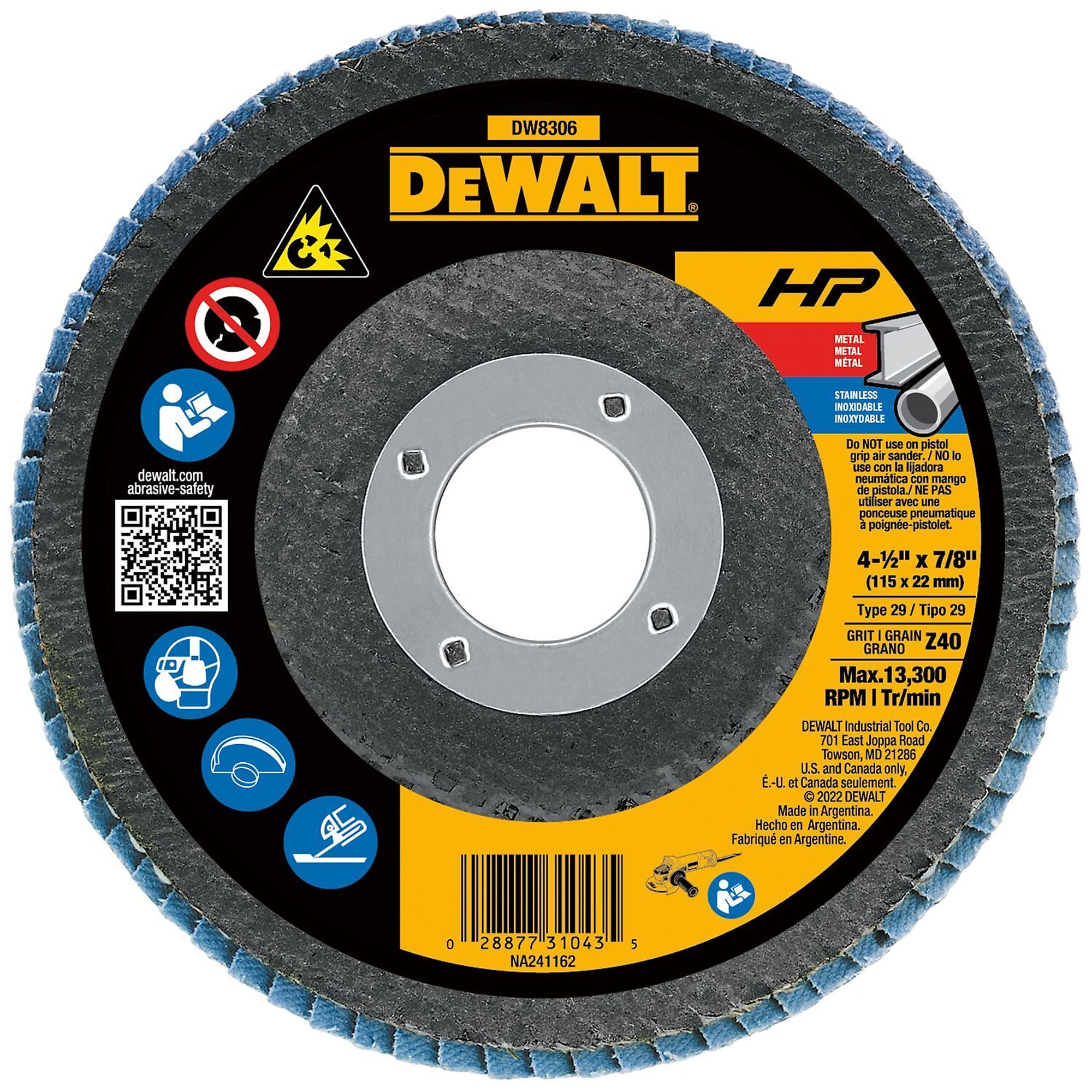 DEWALT, 4-1/2in. x 7/8in. HP T29 Flap Disc 40 Grit, Wheel Diameter 4.5 in, Arbor Size 7/8 Wheels (qty.) 1 Model# DW8306
